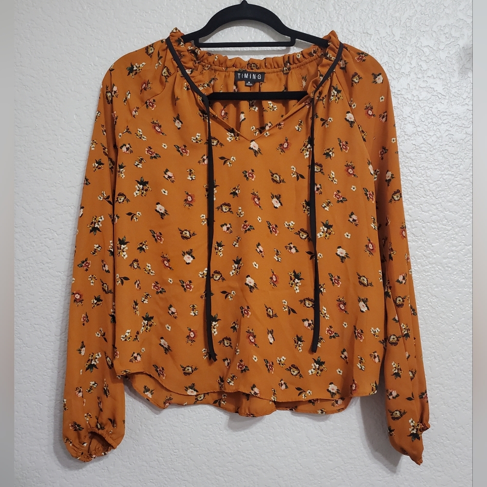 Timing Burnt Orange Floral Print Long Sleeve Boho V-neck Top Women's Size Medium
